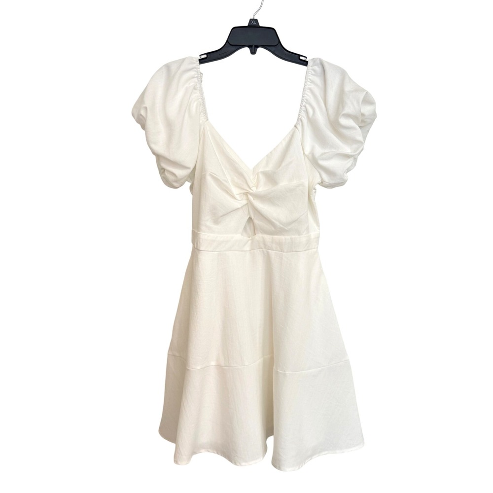 White Mini Dress Puff Sleeve Twist Front Cutout Tiered Jr. Large Rush Initiation